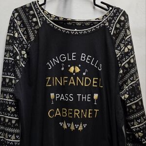 Christmas wine lover jingle bells 3/4 sleeve shirt womens 2X glitter gold silver